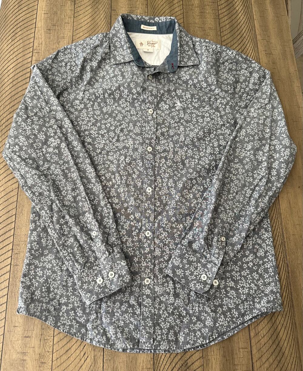 Original Penguin Heritage Slim Fit Button Up Shirt Mens Medium Gray Floral